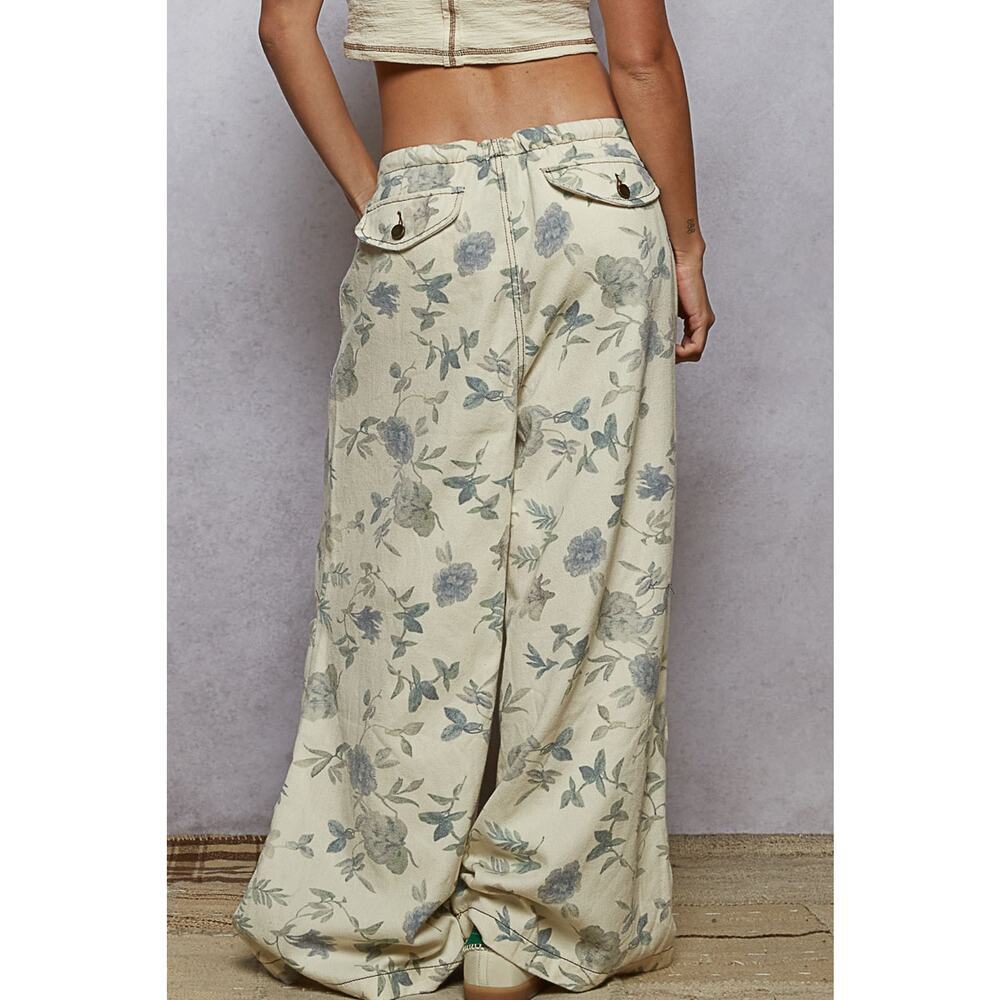 POL Size Large Cream Floral Lace Drawstring Detail Printed Twill Woven Pants - Picture 3 of 6